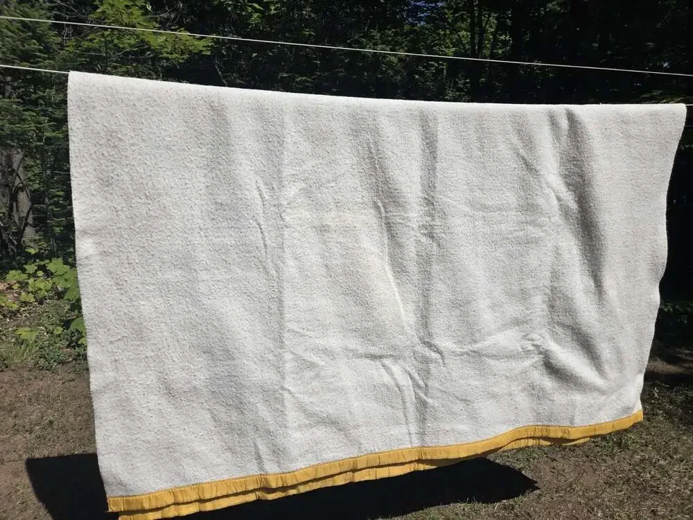 2 Vtg Floral Thermal Blankets Yellow Satin Trim 89x70 Twin Handmade 70s Groovy
